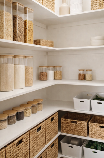 A minimal set of airtight, bamboo-lid containers designed to simplify your pantry and reduce visual clutter.